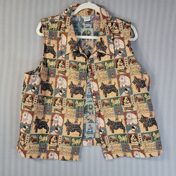 Stonebridge Vest Jacket Size XL Tan Scotties Dogs Tapestry Sleeveless Collared - Picture 1 of 8